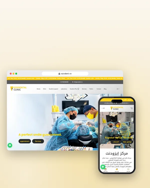 Site-ul Ezodental Clinic pe laptop, cu versiunea în arabă pe telefon
