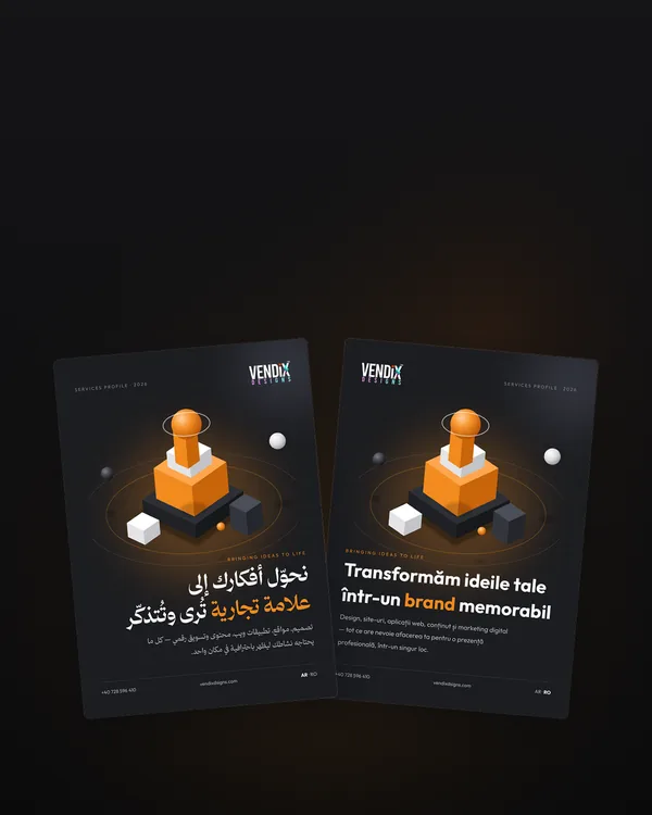 Copertele profilului de servicii Vendix Designs în arabă și română